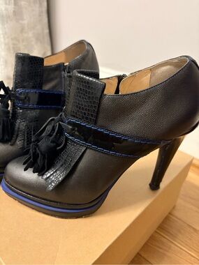 Cole Haan Black High-Heel Tassel Booties with Blue Trim